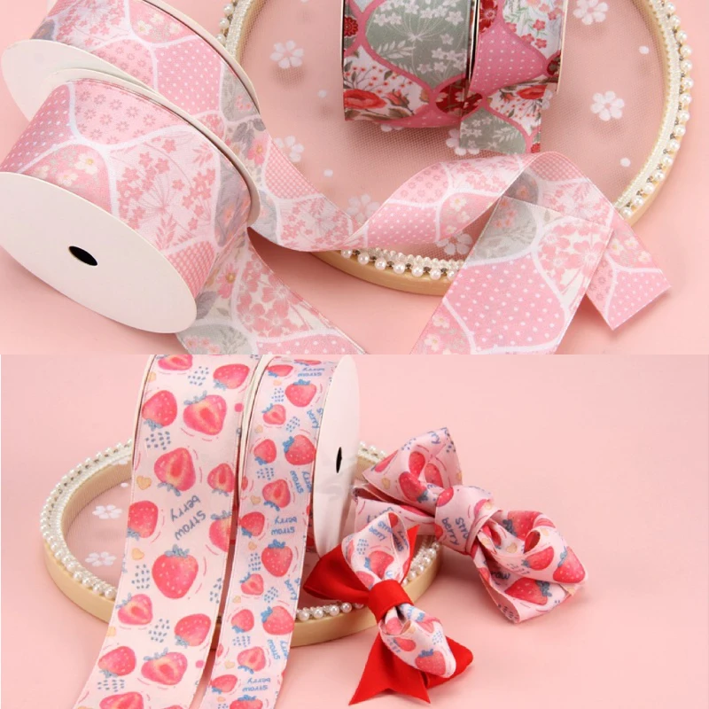 

Pink Cartoon Ribbons For Bows DIY Decoration Wrapping Gift 50Yards 25mm 38mm 1"Double Faced Fruit Strawberry Flower Printed Tape