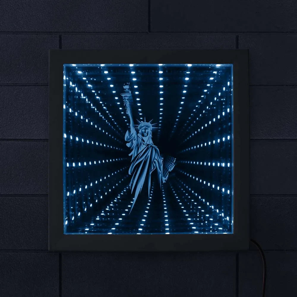 

Modern New York Statue Of Liberty 3D Optical illusion Infinity Mirror Frame NYC LED American Values Mood Light Tunnel Vision