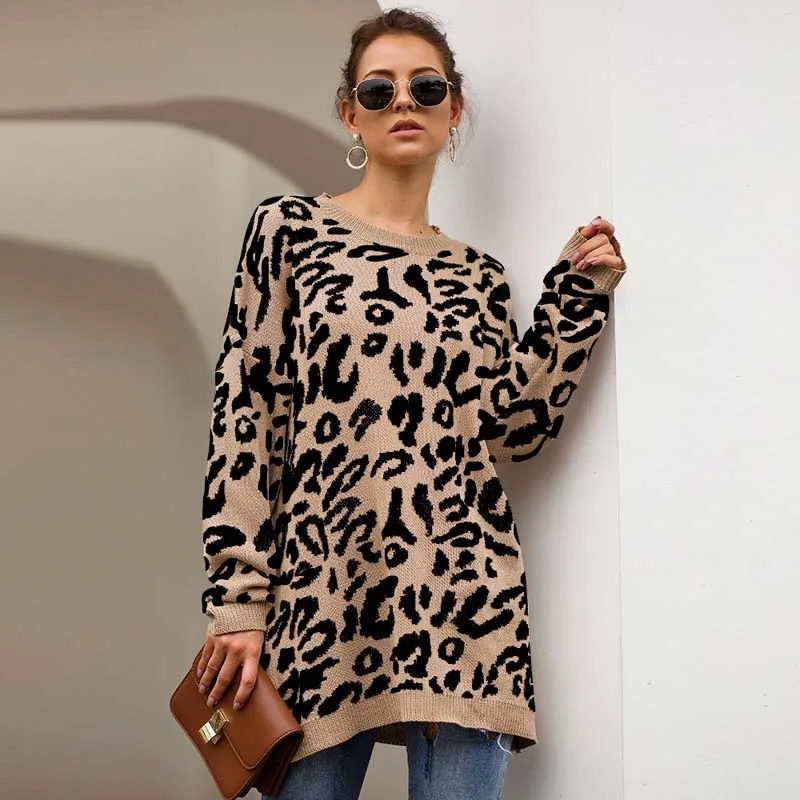 2019 Winter Leopard Long Sweater Women Christmas Knitted Sweaters Ladies Loose Thick Oversized New Year Warm Pullovers | Женская одежда