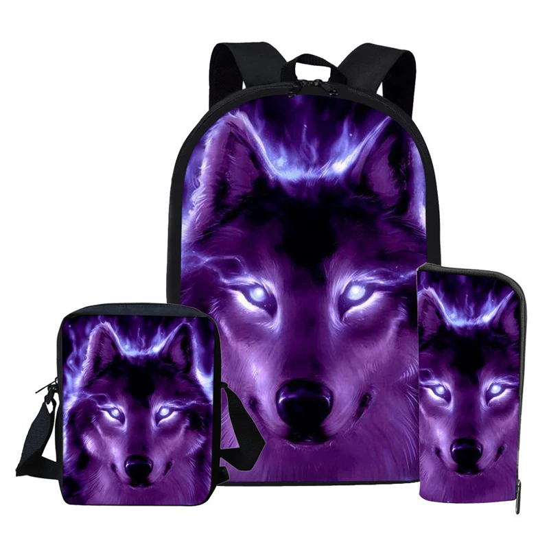 

Color animal 3pcs Set Girl Boy Backpack Wolf Printing Schoolbag College Student Mochila Rucksack Kid School Bags Escolar