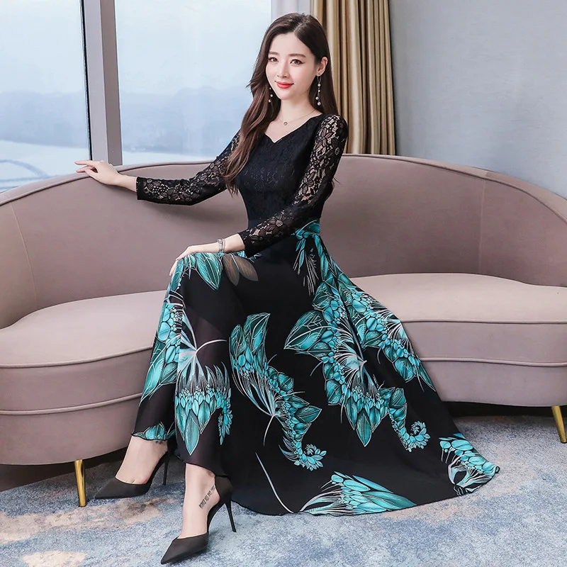 

Fashion Sheer Crochet Lace Dress Women Patchwork Midi Long Sleeve Floral Dresses Elegant Big Swing Attractive Vestidos Holiday