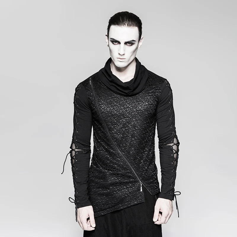 PUNK RAVE Men's Gothic Dark Decadent Asymmetric Hem T-shirt Stretch Knit Mesh Personality High Neck Long Sleeve Men Top
PUNK RAVE Men's Gothic Dark Decadent Asymmetric Hem T-shirt Stretch Knit Mesh Personality High Neck Long Sleeve Men Top
