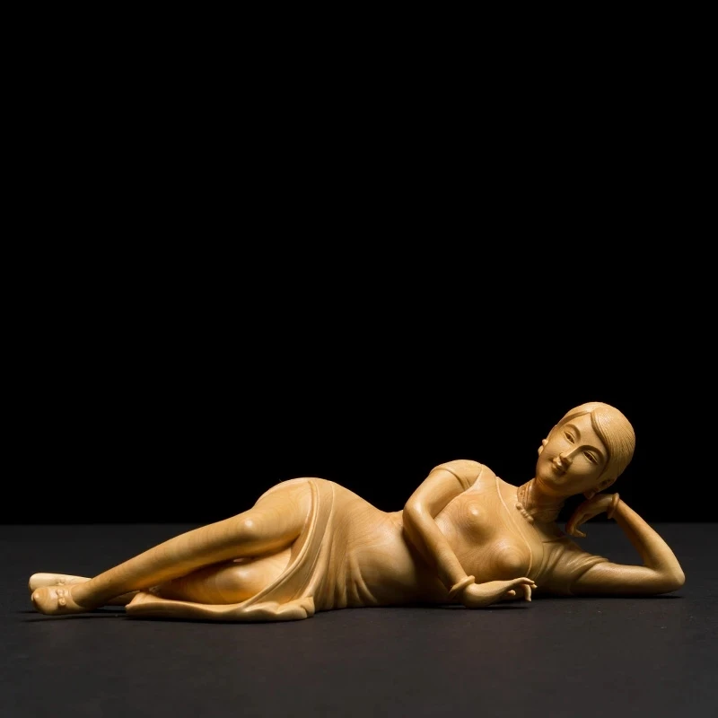 

Escultura de boj de 18cm para niña tumbada, figura encantadora, estatuas de madera, decoración del hogar
