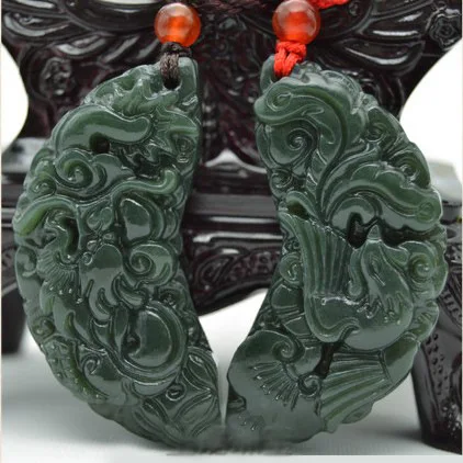 Фото 100% натуральный Хэтянь зеленый нефрит кулон дракон феникс ожерелье бренд для
