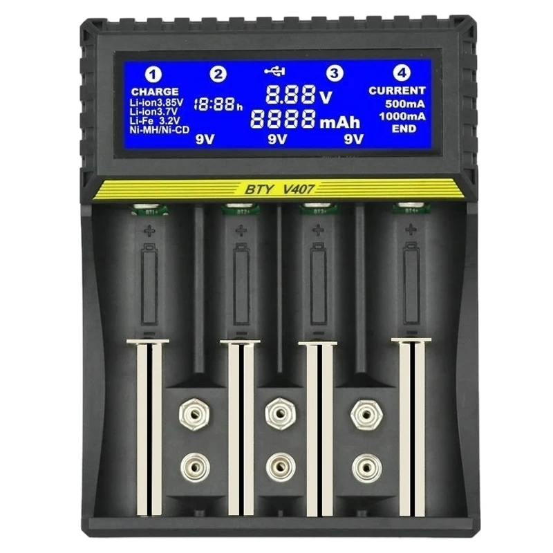 BTY-V407 Battery Charger Li-ion Li-fe Ni-MH Ni-CD Smart Fast Charger for 18650 26650 6F22 9V AA AAA 16340 14500 Battery Charger
BTY-V407 Battery Charger Li-ion Li-fe Ni-MH Ni-CD Smart Fast Charger for 18650 26650 6F22 9V AA AAA 16340 14500 Battery Charger