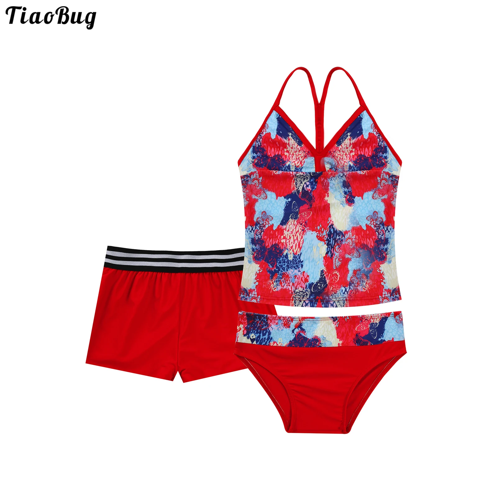 

TiaoBug 4 To 16 Years Summer 3Pcs Kids Girls Print Swimwear V Neck Spaghetti Straps Vest Top And Bottoms Boyshorts Briefs Bikini