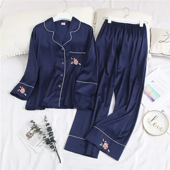 Embroidery Elegant Summer Pajamas For Women Satin Silk Sexy Sleepwear Casual 2 Pieces Female Pajamas Set Button Long Sleeve Suit
Embroidery Elegant Summer Pajamas For Women Satin Silk Sexy Sleepwear Casual 2 Pieces Female Pajamas Set Button Long Sleeve Suit