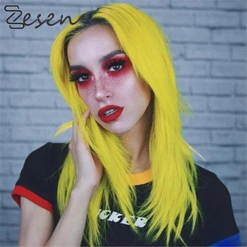 

Zesen Ombre Yellow Long Straight Synthetic Lace Front Wig Natural Hairline Cosplay For Women