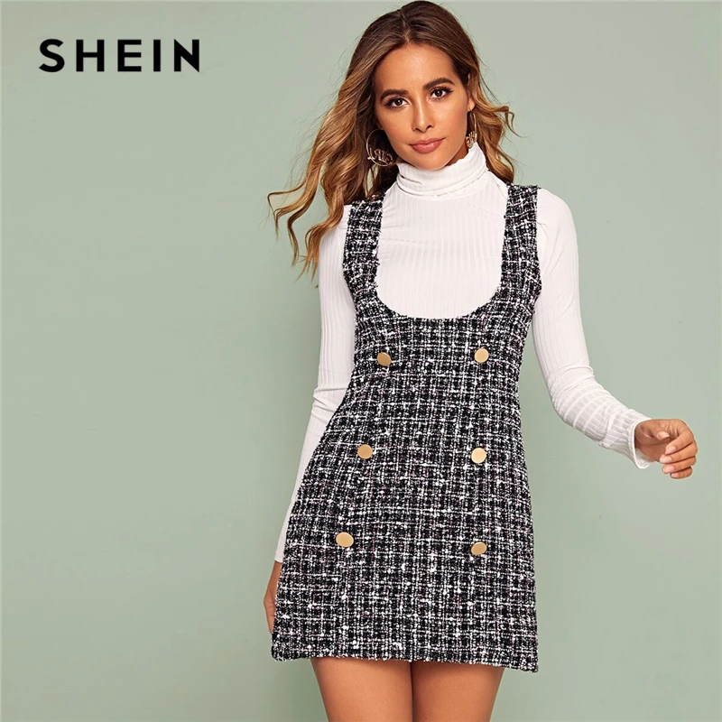 SHEIN разноцветное твидовое платье с двумя пуговицами короткое женские осенние