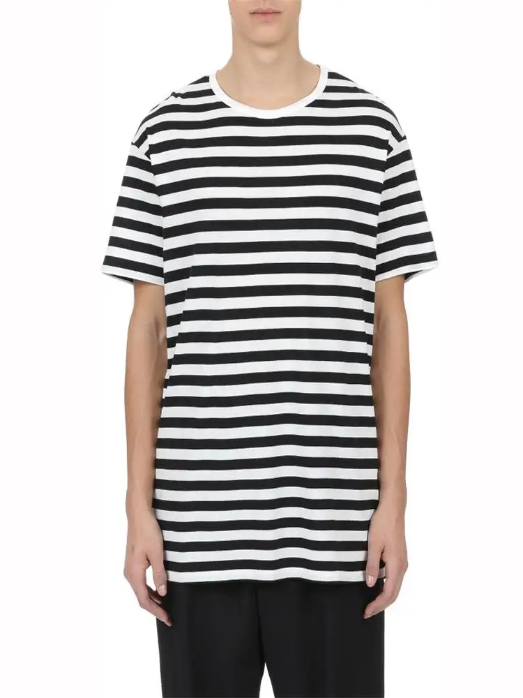 

Men's Short Sleeve T-Shirt Summer New Black And White Stripe Round Collar Fashion Quality Cotton Loose Versatile Undershirt