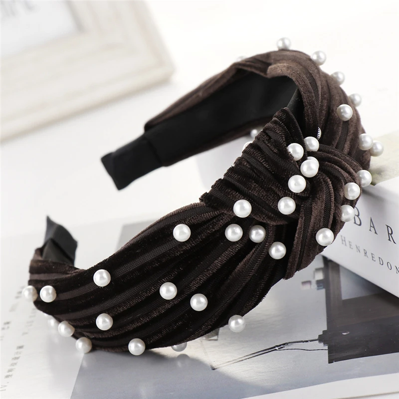 Bohemian Pearl Velvet Braided Headband For Women Rhinestone Knot Hairband Turban Handmade Padded Crown Accessories 1111