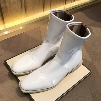 Flat Heel White Patent Leather Ankle Boots Back Zipper Square Toe Chelsea Boots Winter INS Fashion Shoes Women
Flat Heel White Patent Leather Ankle Boots Back Zipper Square Toe Chelsea Boots Winter INS Fashion Shoes Women