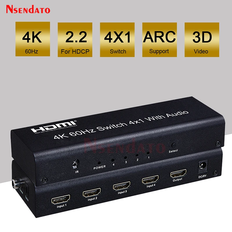 

Switch HDMI 4x1 4K 60Hz HDMI 2.0 Speed Switch splitter 4 in 1 out Audio Video Switcher for PS4 PC To TV HDTV Monitor Projector