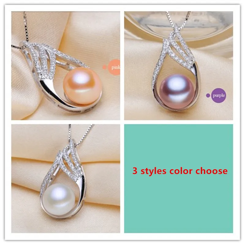 

HABITOO Luxury 11-12mm Natural Pink Purple White Round Cultured Pearl Necklace 925 Silver Chain Cubic Zircon Pendant for Jewelry