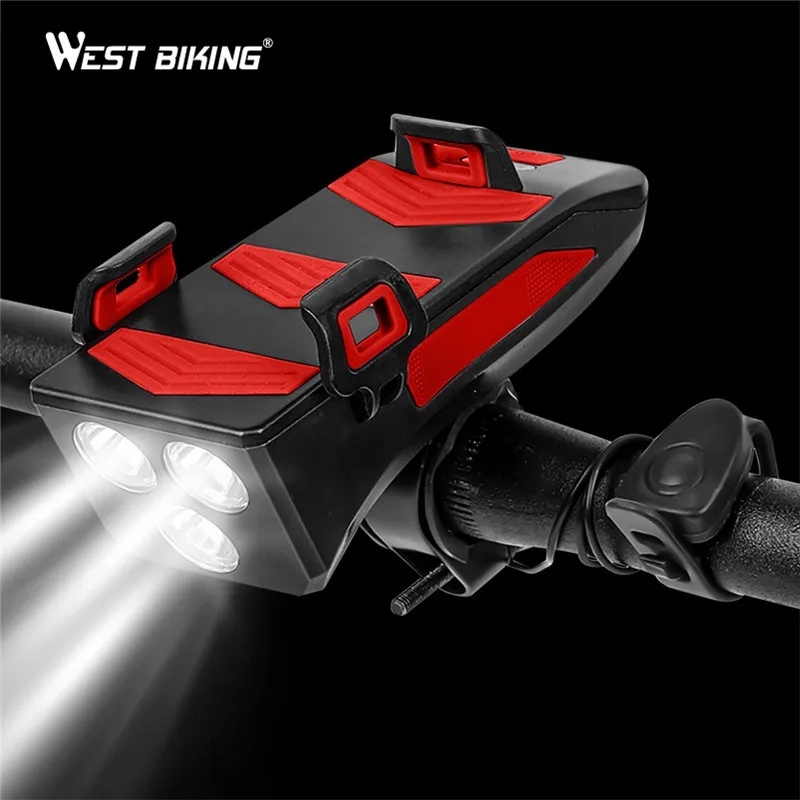 WEST BIKING 400 lumen Bike Light USB Charging Phone Holder Bicycle Light Power Bank Bell 4 In 1 Bicycle Front Light Waterproof
WEST BIKING 400 lumen Bike Light USB Charging Phone Holder Bicycle Light Power Bank Bell 4 In 1 Bicycle Front Light Waterproof