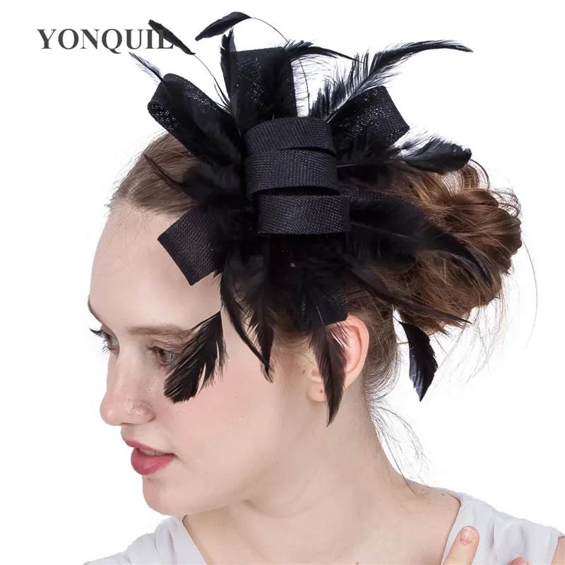 

Ladies Fancy Races Wedding Hats Fascinators Black Feather Hair Accessories Party Tocados Sombreros Bodas Imitation Sinamay Hats