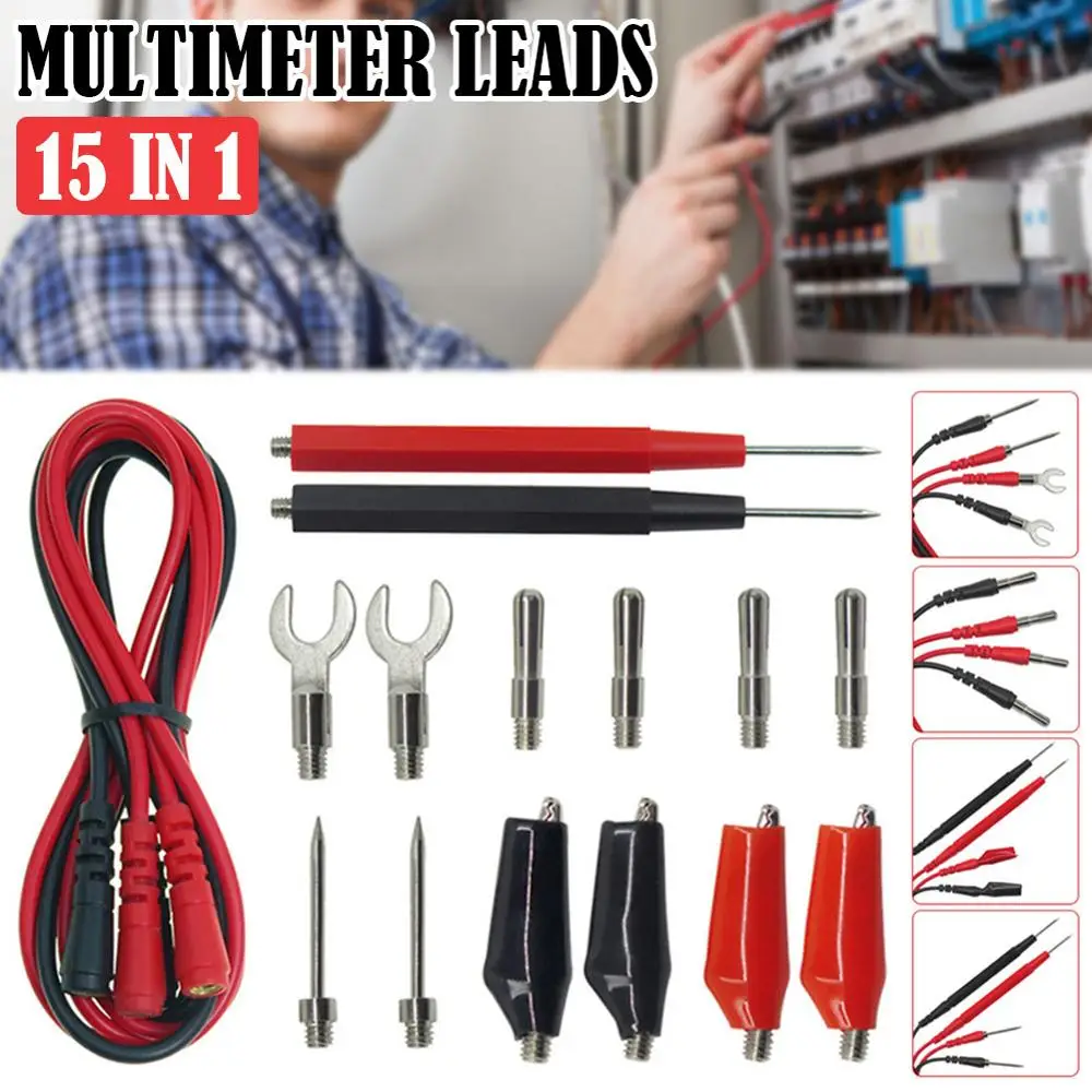 15pcs Multi-meter Test Leads Kit Replaceable Multimeter Probe Probes Test Hookwith Replaceable Clips Plugs Probe Tips 35" Cable
15pcs Multi-meter Test Leads Kit Replaceable Multimeter Probe Probes Test Hookwith Replaceable Clips Plugs Probe Tips 35" Cable