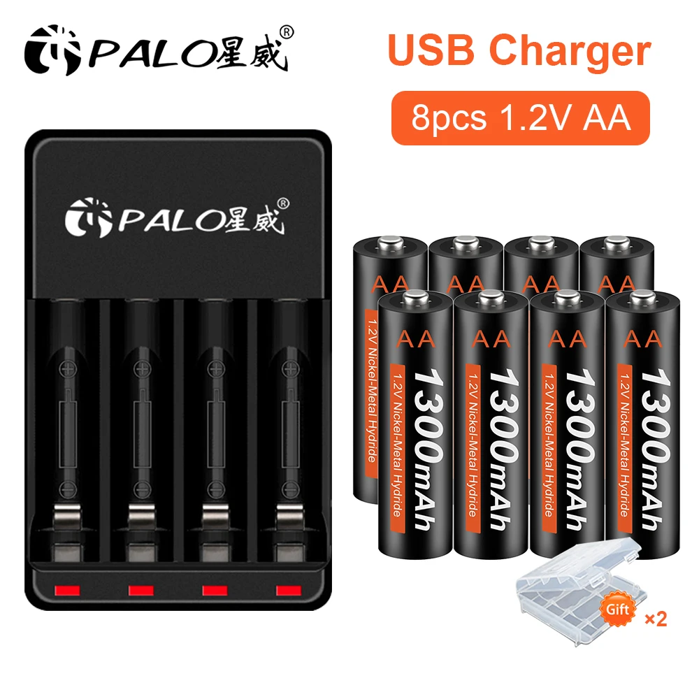 PALO 2020 new AA battery 1300 mAh rechargeable battery with LED Charger, 1.2 V Ni-MH AA batteries, suitable for clocks, mice
PALO 2020 new AA battery 1300 mAh rechargeable battery with LED Charger, 1.2 V Ni-MH AA batteries, suitable for clocks, mice