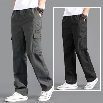 Calções Estilosos de Linho e Algodão para Homens: Conforto e Elegância na Primavera e no Verão 10 New Cargo Pants Men's Loose Straight Oversize Clothing Solid Grey Versatile Work Wear Black Joggers Cotton Casual Male Trousers