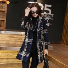 Hanorange 3 quartos manga tecer xadrez bolso temperamento elegante contexture 2019 inverno fino casaco longo de lã plus size(China)