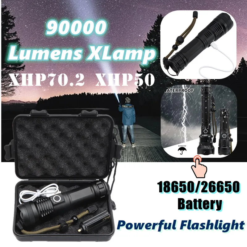 Flashlight WIth xhp70 xhp50 90000 lumens XLamp Powerful Rechargeable LED USB Torch 18650/26650 Battery for charging hunting
Flashlight WIth xhp70 xhp50 90000 lumens XLamp Powerful Rechargeable LED USB Torch 18650/26650 Battery for charging hunting