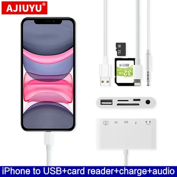 AJIUYU-OTG 라이트닝 도크 USB 어댑터 컨버터, 애플 아이폰 11 프로 max XS XR X 8 플러스 7 6S SE 오디오 3.5mm 카메라 미디 피아노