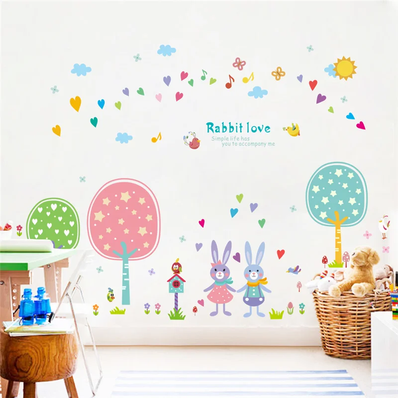 

Наклейка на стену с изображением кролика, звезды, дерева для детского сада, детской комнаты, украшение для дома, сделай сам, ручная роспись, искусство, ПВХ наклейки, плакат