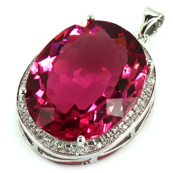 

34x21mm Highly Recommend Big Gems 22x18mm Created Pink Tourmaline, White CZ Woman's Engagement Silver Pendant