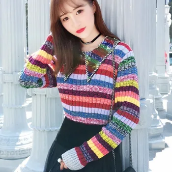 New Colorful Striped Women Sweater Brand Sequin Collar Knitted Tops Girls Spring Autumn Beads Jumper Pullover Sueter Feminino 
New Colorful Striped Women Sweater Brand Sequin Collar Knitted Tops Girls Spring Autumn Beads Jumper Pullover Sueter Feminino