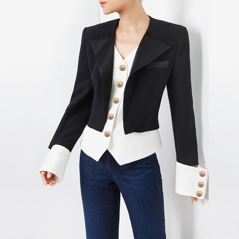 Fake Two Pieces Woman Blazers Long Sleeve Black and White Color Patchwork Single Breasted Button Slim Waist Autumn Coats
Fake Two Pieces Woman Blazers Long Sleeve Black and White Color Patchwork Single Breasted Button Slim Waist Autumn Coats