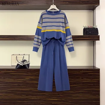 Striped Knit 2 Piece Set Tracksuits Fall Winter Women Pullover Sweater + Drawstrings Elastic Wide Leg Pants Suit Female Outfits
Striped Knit 2 Piece Set Tracksuits Fall Winter Women Pullover Sweater + Drawstrings Elastic Wide Leg Pants Suit Female Outfits