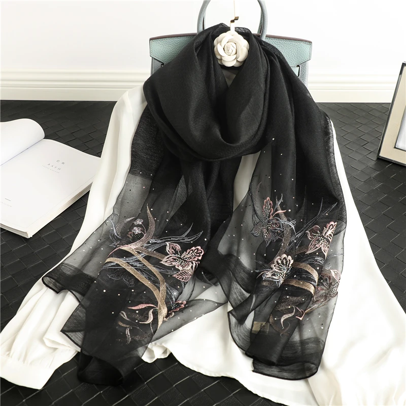 

Women Silk Wool Scarf Embroidery Female Foulard Hijab Pashmina Spring Shawls Wraps Bufanda Floral Headscarf Beach Stoles