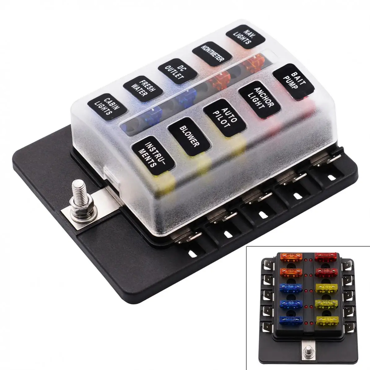 Max 32V Plastic Cover 10 Way Blade Fuse Box Holder M5 stud with LED Indicator for Car Boat Marine New
Max 32V Plastic Cover 10 Way Blade Fuse Box Holder M5 stud with LED Indicator for Car Boat Marine New