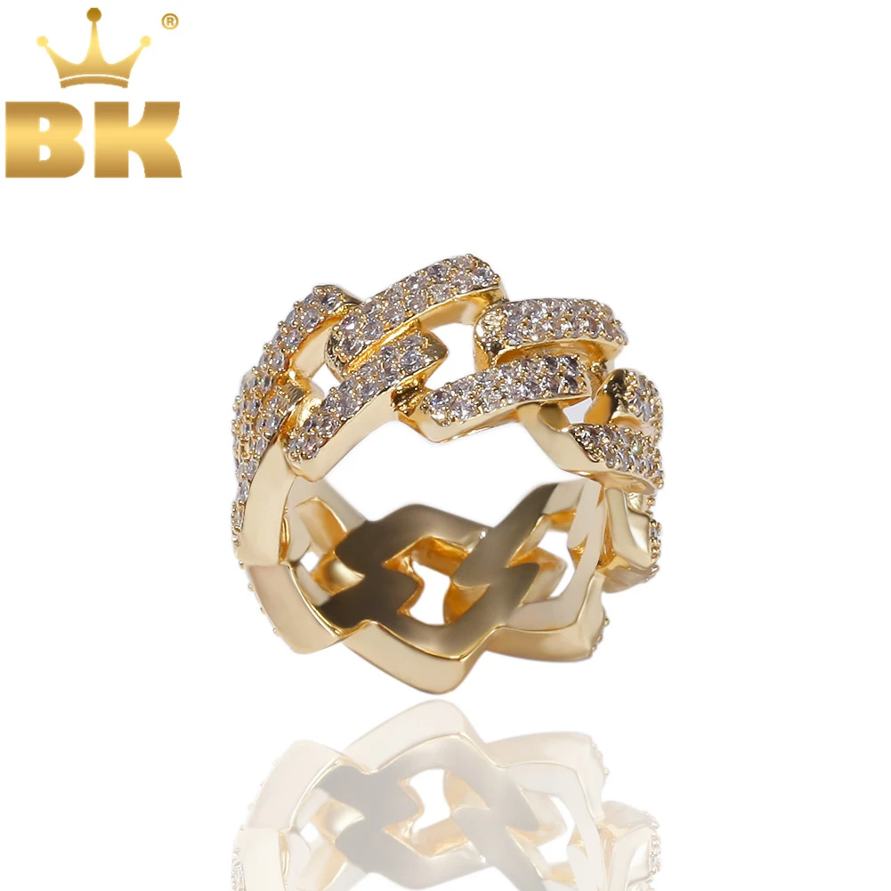 

THE BLING KING Fashion Hiphop Mens 14mm Prong Cuban Link Rings 2 Rows Iced Out Cubic Zirconia Gold Color Bling Ring Jewelry