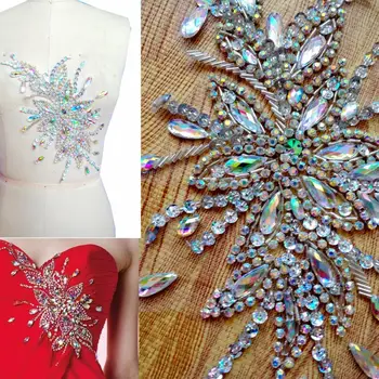 

A152 Pure hand made dazzling clear AB colour sew on Rhinestones applique crystals trim patches 28*16cm dress accessory for belt