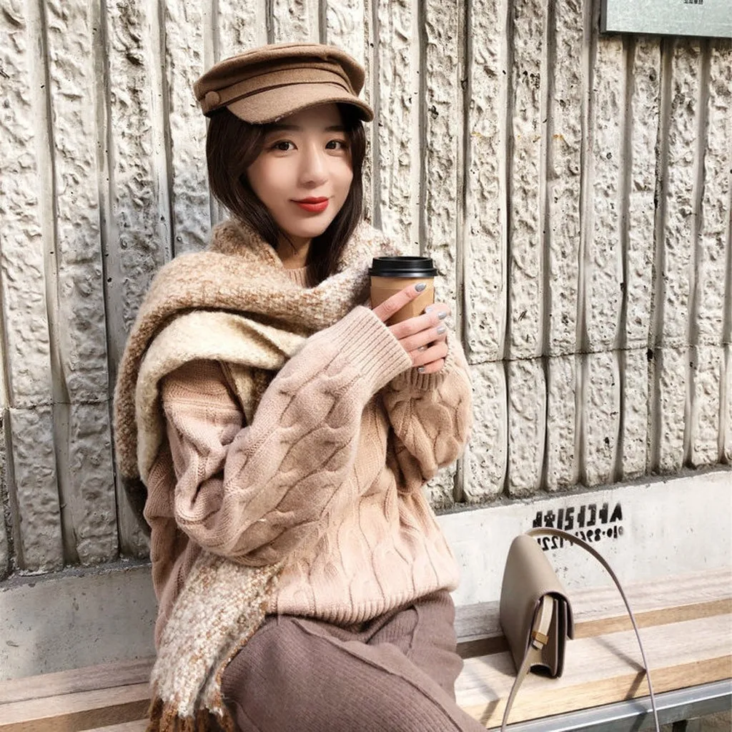 Jaycosin Fashion Women Casual Simple Long Sleeve Knitting Sweater Stylish Solid Color Comfortable Warm Lazy Wind Sweater