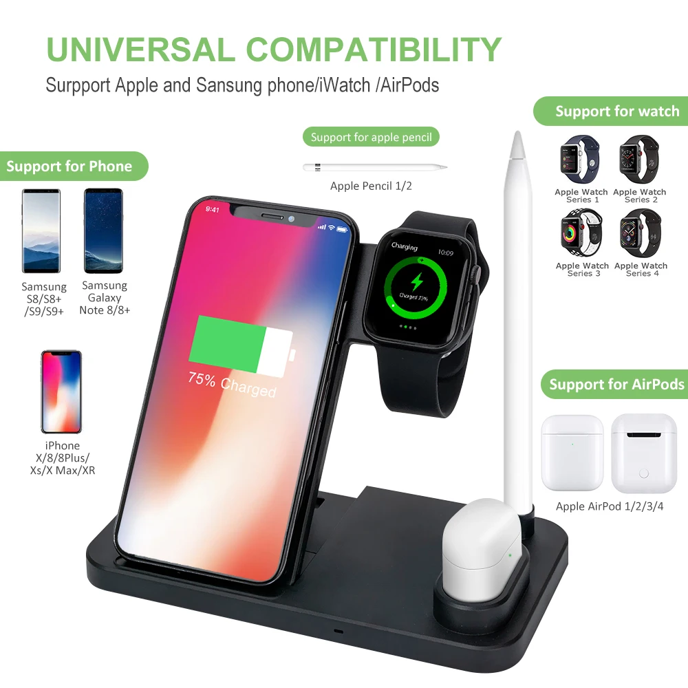 

2020 4 in1 Fast Charging Wireless Charger Dock Portable Stand For Apple Watch iPhone 8 X AirPods Pro 2 3 Adapter Foldable Holder