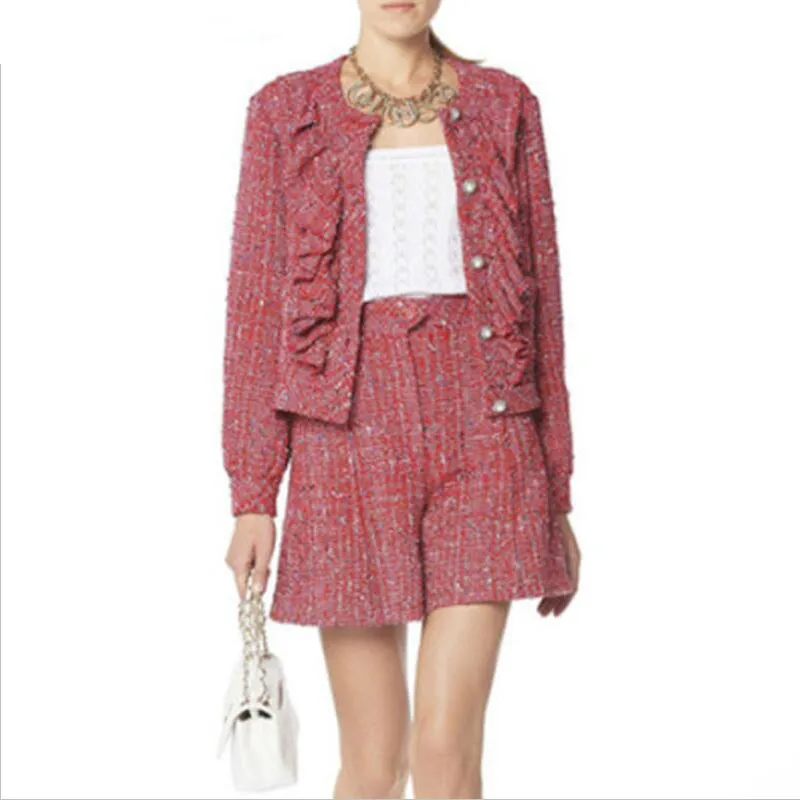 2019runway Designer Tweed Outfit Women Elegant Mini Shorts Suits 2 Piece Set Ruffle Jacket+Shorts Ladies Work Office Short Suits 
2019runway Designer Tweed Outfit Women Elegant Mini Shorts Suits 2 Piece Set Ruffle Jacket+Shorts Ladies Work Office Short Suits