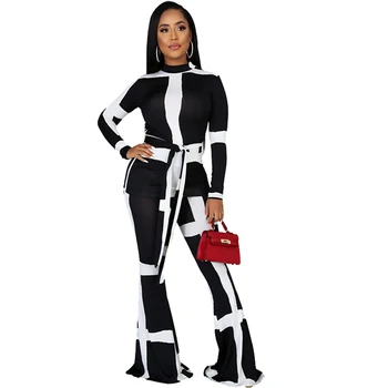 Sexy Two Piece Set Women Clothes Color Patchwork Long Sleeve Top and Flared Pants Set Female Autumn Belt Two Piece Club Outfits
Sexy Two Piece Set Women Clothes Color Patchwork Long Sleeve Top and Flared Pants Set Female Autumn Belt Two Piece Club Outfits