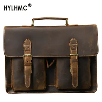 

Business 14" Briefcase Men's Handbag Shoulder Messenger Bag Men Laptop Schoolbag Bags Cowhide Leather New Crazy Horse Leather