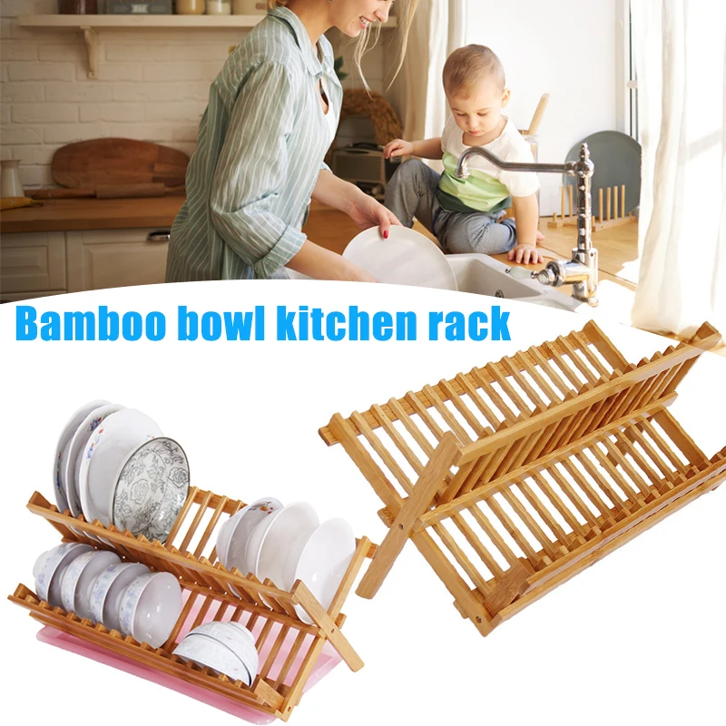 

Bamboo Foldable Dishes Drainer Wooden Plates Mugs Rack Stand Holder 2-Tier Folding Kitchen Supplies Strong Durable