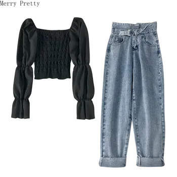 Women's Sets Flare Sleeve Square Collar Knitted Patchwork Crop Tops And Pockets Straight Denim Pants 2020 Spring Two Piece Set
Women's Sets Flare Sleeve Square Collar Knitted Patchwork Crop Tops And Pockets Straight Denim Pants 2020 Spring Two Piece Set