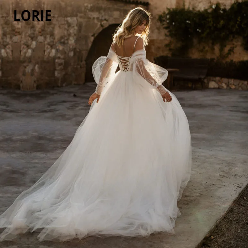 

LORIE Boho Wedding Dresses Pearls Spaghetti Strap Long Puff Sleeves A-Line Corset Wedding Gown Summer Beach Bridal Dress 2021