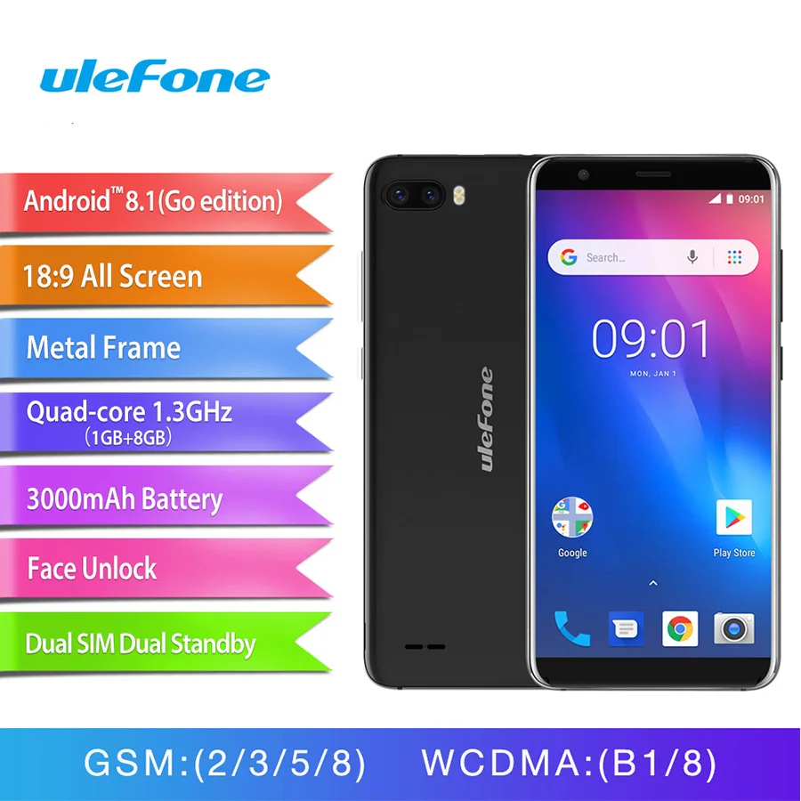 

Original Ulefone S1 Android 8.1 smartphone MT6580 Quad Core 5.5''HD 8MP 1GB RAM 8GB ROM 3000mAh 3G WCDMA Face ID Mobile Phone