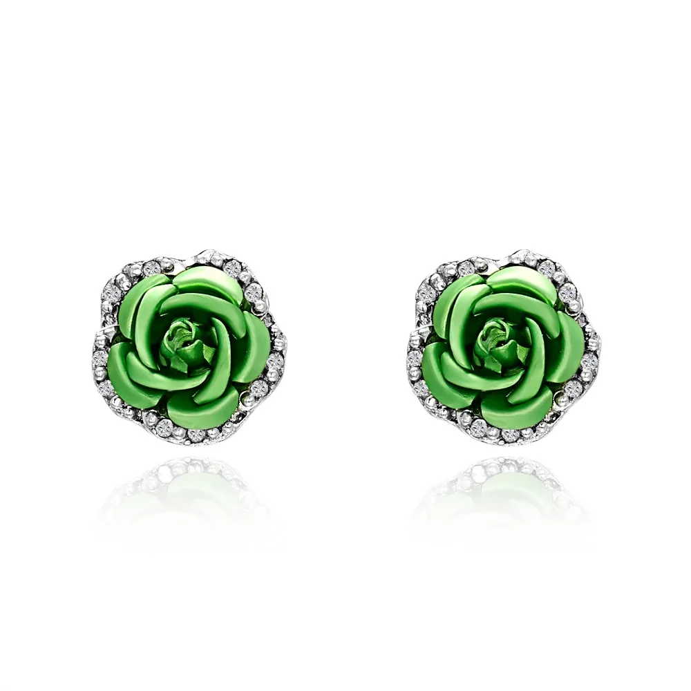 rose flower earrings crystal red purple blue color plated stud