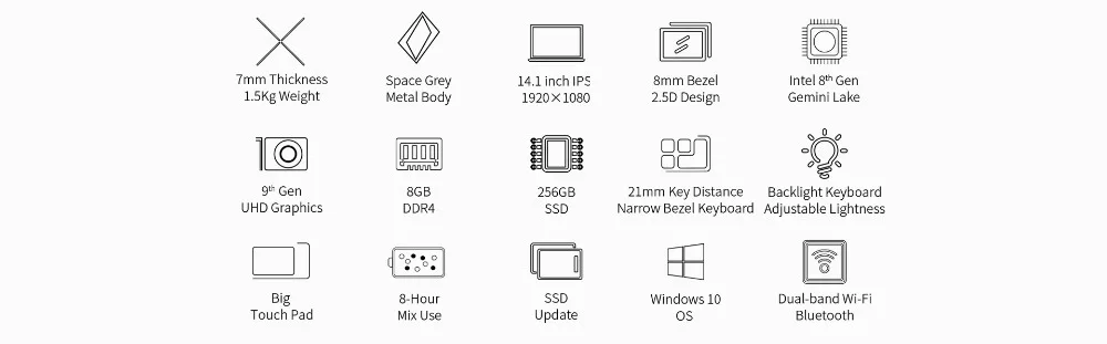 Teclast F7 Plus 14.1" 8GB RAM 256GB SSD Laptop FULL HD 1920 x 1080 Intel Gemini Lake N4100 Windows 10 Backlit Keyboard Notebook