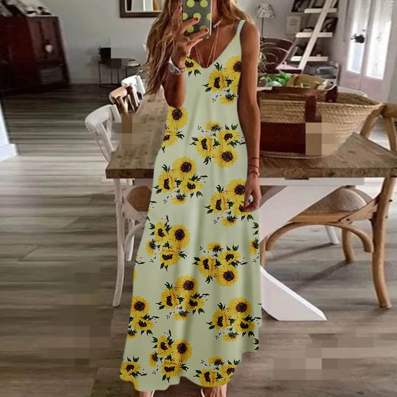 Sexy Maxi Dresses For Women Boho Print V-Neck Floral Sundresses Women Sleeveless Plus Size Dresses For Women 4xl 5xl Summer 2020