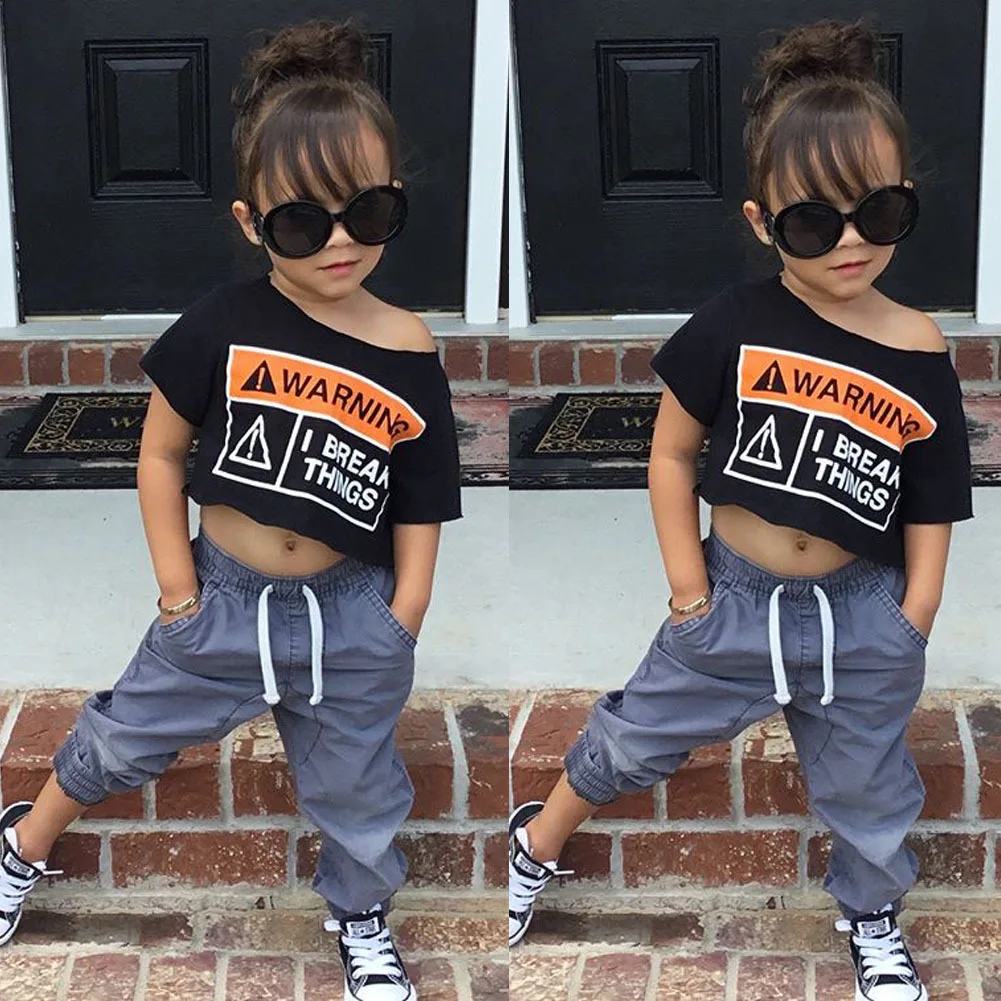 Casual Childrenswear 2019 Summer New Products Girls' Short Sleeve Shirt Lettered Black Top Solid Color Trousers Two-Piece Set
Casual Childrenswear 2019 Summer New Products Girls' Short Sleeve Shirt Lettered Black Top Solid Color Trousers Two-Piece Set