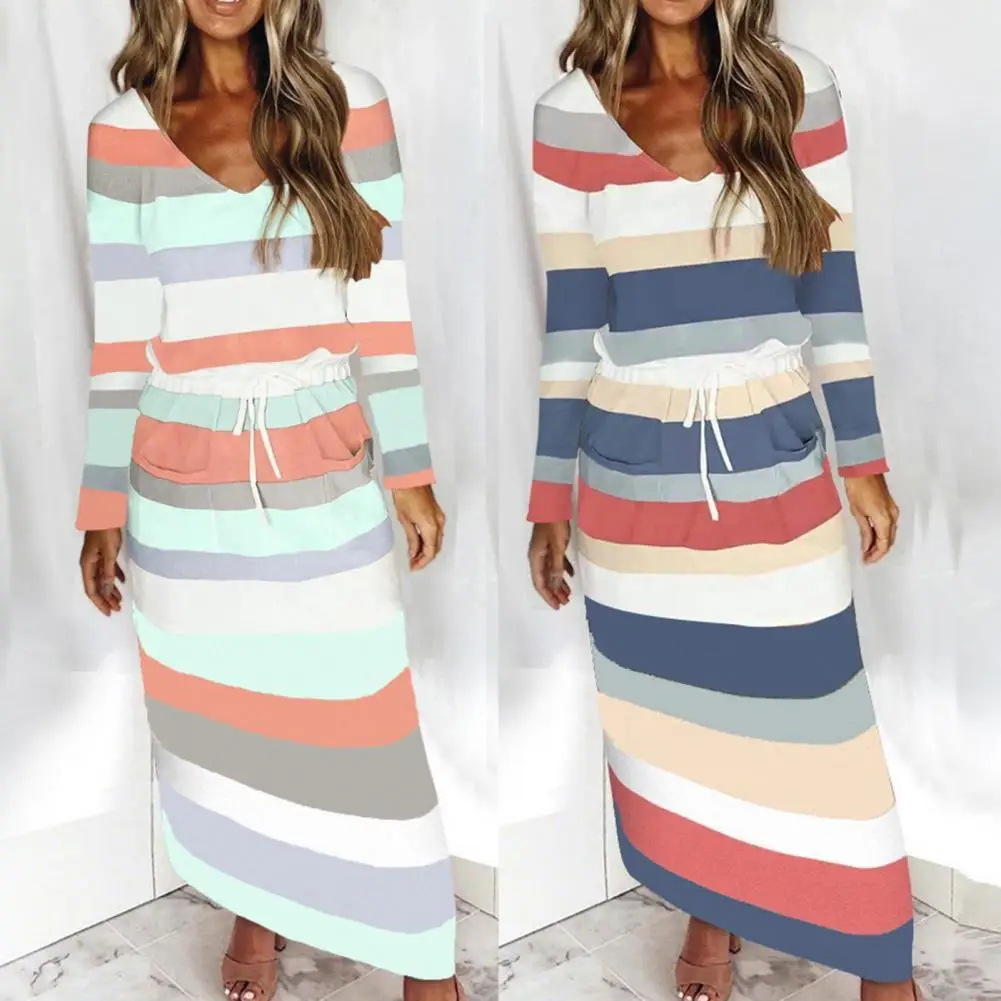 

Women Dress Stripe Style Printing Colorful Contrast Color Women Fashion Striped Drawstring Waist-Cinching Female Long Dress