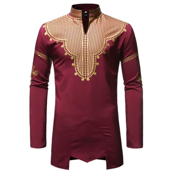 

Fashion Print African Tribal Boho Style Shirt Men Stand Collar Long Sleeves Tops Longline Tunic Clothes Curved Hem Plus Size